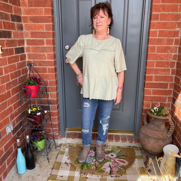 The Posh Bowtique Tops - Sage Green Swiss Dotted Texture Cotton Scalloped Top Lurex Woven Detail S M L XL